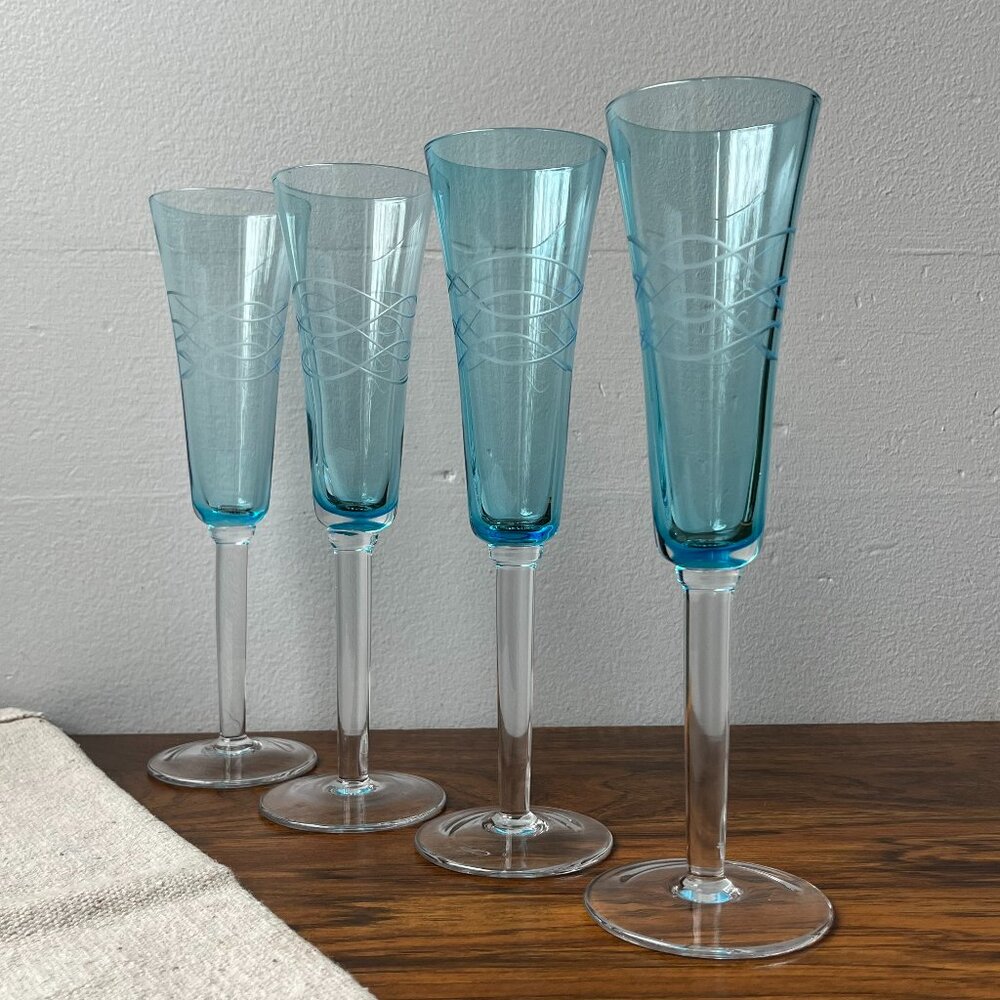 Vintage Etched Blue Champagne Flutes Set of 4 Mid-Century Glassware